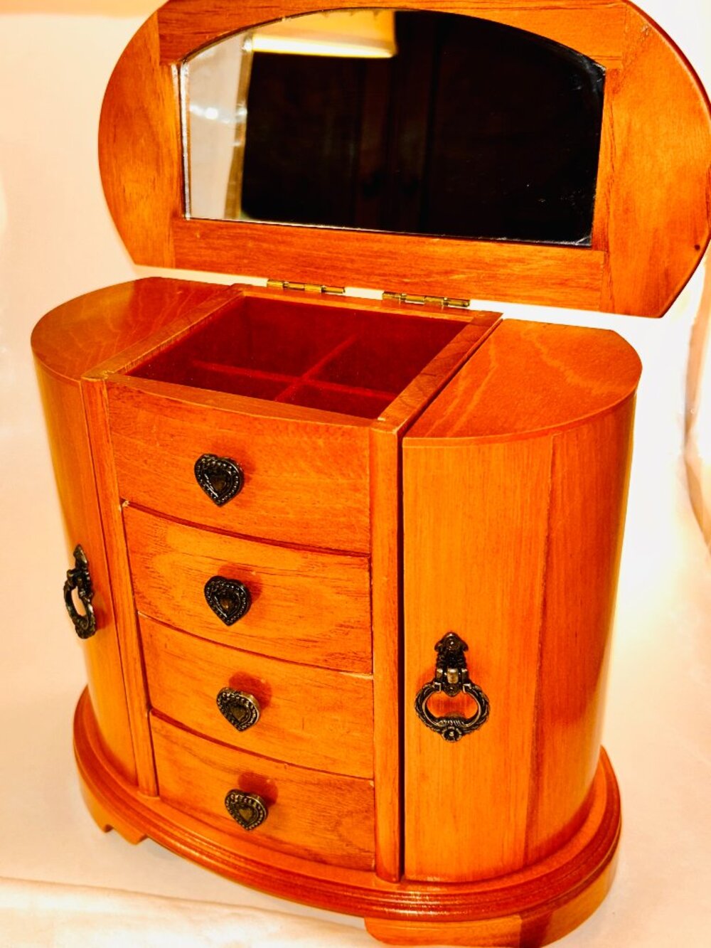Vintage Mele Oak Jewelry Box with Mirror Tabletop Jewelry Armoire Jewelry Chest